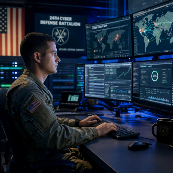 A cybersecurity professional reviewing DoD 8140 compliance certification requirements on a laptop in a secure government office setting
