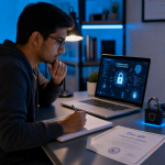 Person studying for the Google Cybersecurity Certificate on a laptop with digital security icons and code displayed on screen