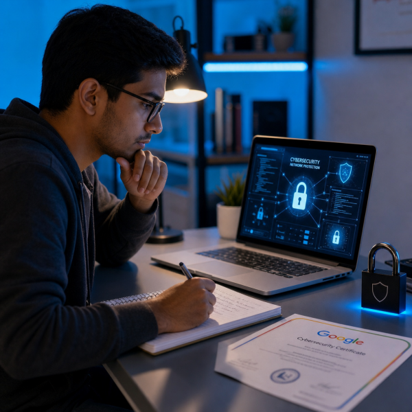 Person studying for the Google Cybersecurity Certificate on a laptop with digital security icons and code displayed on screen