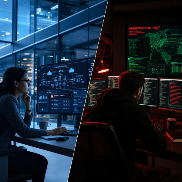 Split-screen illustration comparing cloud security and penetration testing careers, with a cloud and lock icon on one side and a hacker terminal on the other
