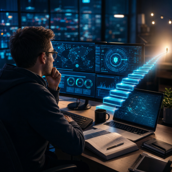 A professional studying for CompTIA Security+ and CISSP certifications on a laptop, representing the cybersecurity career roadmap to $150K in 2026