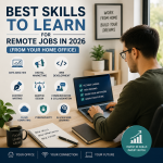 Person working at a home office setup on a laptop, representing the best skills to learn for remote jobs in 2026