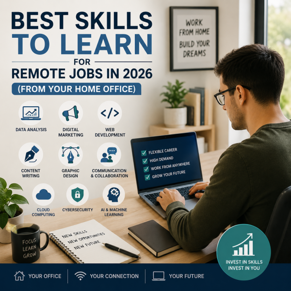 Person working at a home office setup on a laptop, representing the best skills to learn for remote jobs in 2026
