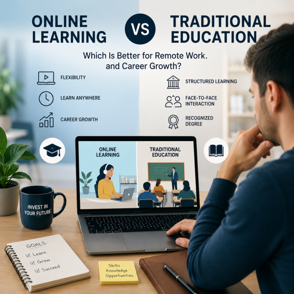 Remote worker comparing online learning vs traditional education on a laptop at a home office desk to plan career growth