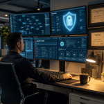 Person working on a laptop at home managing cybersecurity systems, representing work-from-home cybersecurity jobs