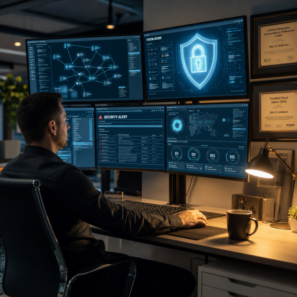 Person working on a laptop at home managing cybersecurity systems, representing work-from-home cybersecurity jobs