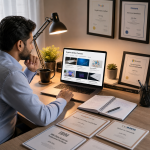 Person researching how to choose a professional certificate on a laptop, surrounded by notes and a coffee cup