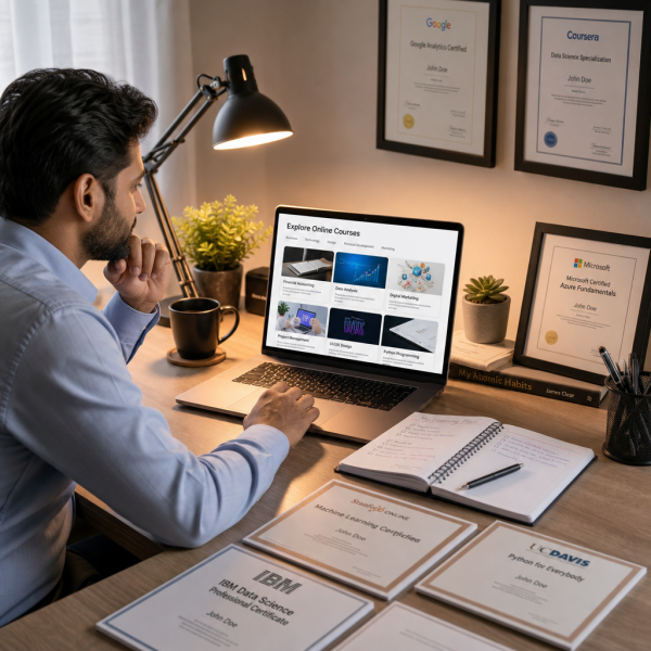Person researching how to choose a professional certificate on a laptop, surrounded by notes and a coffee cup