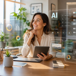 A diverse group of professionals collaborating around a table with AI interface graphics, representing non-technical AI jobs that don't require coding