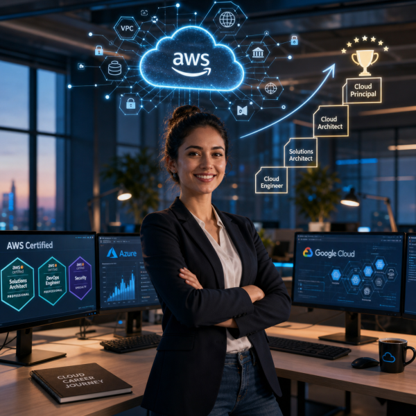 A person studying cloud engineering on a laptop with AWS, Azure, and GCP logos on screen, alongside data tools like Python and SQL, representing a step-by-step guide to becoming a cloud engineer
