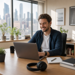 Person smiling while working on a laptop at a tidy home office desk, representing how to get a remote job with no experience