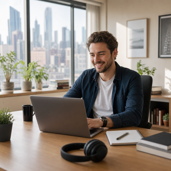 Person smiling while working on a laptop at a tidy home office desk, representing how to get a remote job with no experience