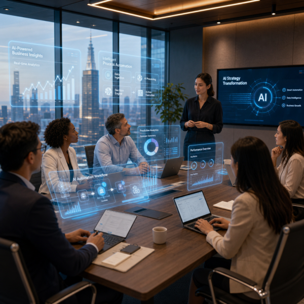 A business professional using the best AI for business tools on a laptop in a modern US office in 2026