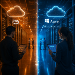 AWS vs Azure cloud platform comparison for data engineers and DevOps professionals, showing logos, data tools, and certification paths for 2025