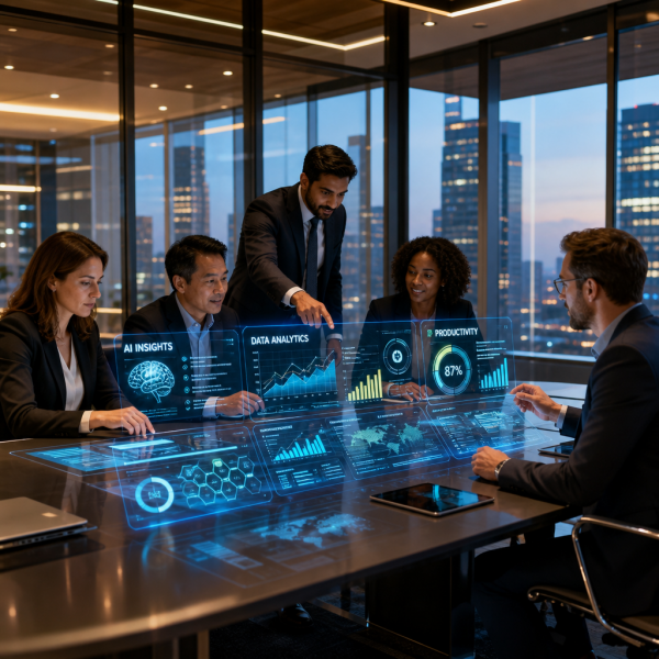 A business professional using AI for business tools on a laptop in a modern US office in 2026, with data dashboards visible on screen