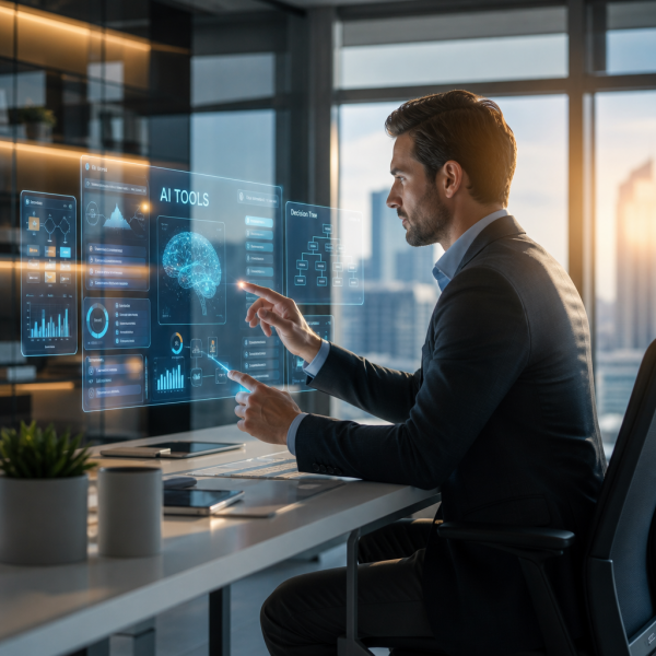 Business professional evaluating AI tools on a laptop, representing how to choose the right AI tools for your business