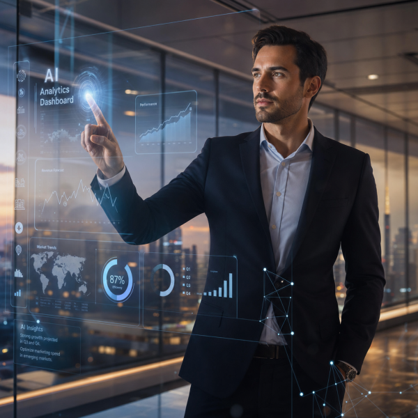 Business professional using AI tools on a laptop to drive business growth and strategy