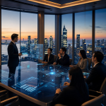Business professional reviewing an AI for business strategy dashboard on a laptop in a modern office setting
