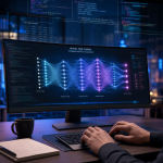 A developer fine-tuning a large language model on a laptop, with neural network visualizations on screen representing advanced AI model customization