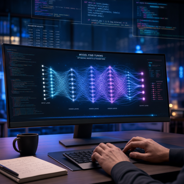 A developer fine-tuning a large language model on a laptop, with neural network visualizations on screen representing advanced AI model customization