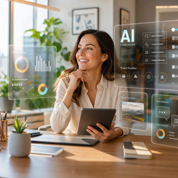 A diverse group of professionals collaborating around a table with AI interface graphics, representing non-technical AI jobs that don't require coding