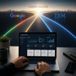 Side-by-side comparison of Google vs IBM professional certificates for data analytics displayed on a laptop screen