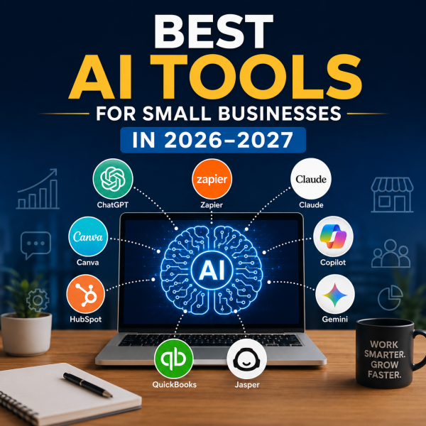 Best AI tools for small businesses in 2026–2027, featuring a laptop with an AI graphic and popular tools including ChatGPT, Canva, HubSpot, Zapier, Claude, Copilot, Gemini, QuickBooks, and Jasper.