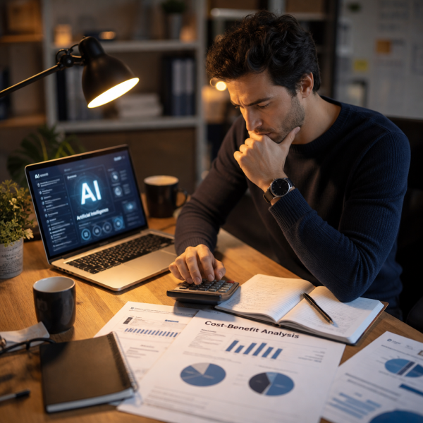 Small business owner using AI tools on a laptop to automate workflows, build in-demand skills, and boost productivity in 2026
