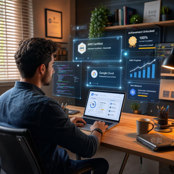 Person studying for IT certifications on a laptop in a home office setup for a remote tech career