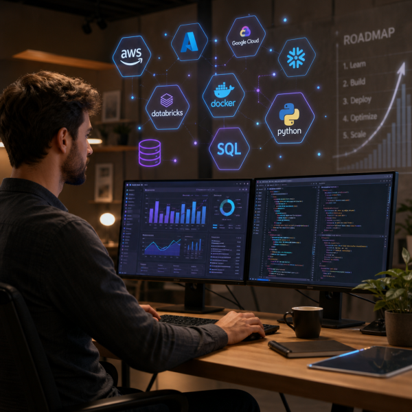 A person learning how to become a data analyst in 2026, writing SQL queries and building Tableau and Power BI dashboards on a laptop with cloud platform icons visible