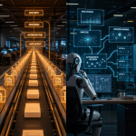 Split illustration comparing AI agents vs AI automation for business decision-making, featuring icons for LangChain, Python, TensorFlow, and robotic process automation workflows