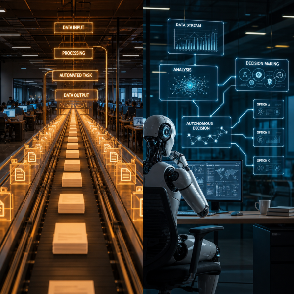 Split illustration comparing AI agents vs AI automation for business decision-making, featuring icons for LangChain, Python, TensorFlow, and robotic process automation workflows