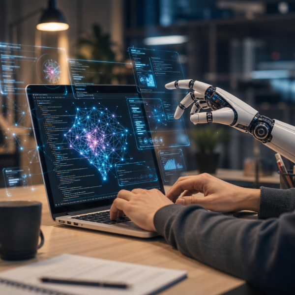A beginner building their first AI agent on a laptop using Python and LangChain, with agentic AI workflow diagrams visible on screen
