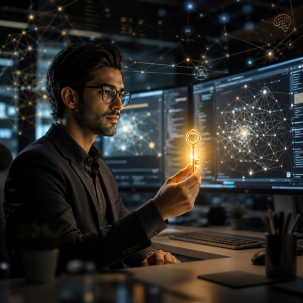 An ML engineer fine tuning a large language model on a laptop, with Python code, TensorFlow diagrams, and neural network visualizations on screen, representing in-demand AI machine learning skills in 2027