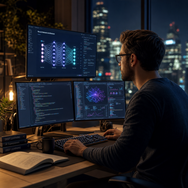 A developer working through LLM engineer courses on a laptop, surrounded by AI and machine learning icons including Python and LangChain