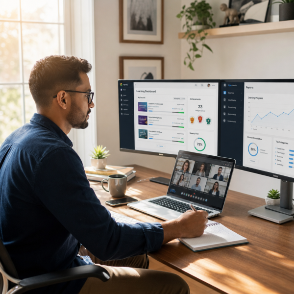 Person at a home office setup browsing the best online courses for remote work skills in 2027 on a laptop