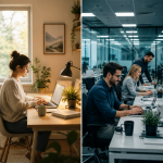 Person working from a home office setup with a laptop and coffee mug, comparing remote work vs office work productivity and flexibility