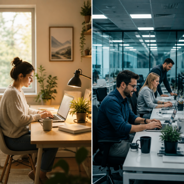 Person working from a home office setup with a laptop and coffee mug, comparing remote work vs office work productivity and flexibility