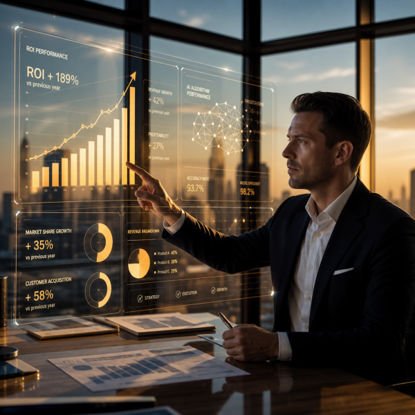 Business professional reviewing an AI ROI dashboard showing KPIs, cost savings, and machine learning performance metrics on a laptop screen