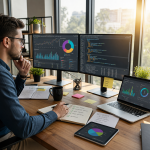 An aspiring data analyst studying the Google Data Analytics Professional Certificate on a laptop, with SQL query results and Tableau charts visible on screen