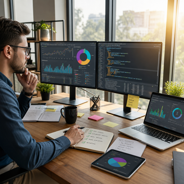 An aspiring data analyst studying the Google Data Analytics Professional Certificate on a laptop, with SQL query results and Tableau charts visible on screen