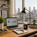 Beginner setting up a home office workspace to start a remote career from scratch, with a laptop, notebook, and coffee on a clean desk