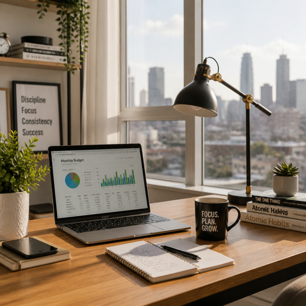 Beginner setting up a home office workspace to start a remote career from scratch, with a laptop, notebook, and coffee on a clean desk