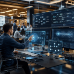 Enterprise AI agents automating multi-step business workflows on digital screens in a modern office in 2026