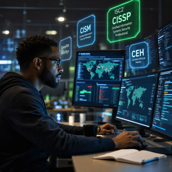 A professional making a career change to cybersecurity, studying CompTIA certification materials on a laptop with SOC security dashboards in the background