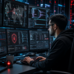 Cybersecurity professional reviewing OSCP penetration testing certification materials on a laptop with ethical hacking tools and notes nearby