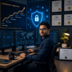 A person studying for cybersecurity certifications on a laptop, with certification logos for Security+, CISSP, CEH, and OSCP visible on screen, illustrating cybersecurity certification cost comparisons for the 2026 cert roadmap