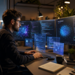 An AI engineer studying the best RAG courses on a laptop, with LangChain, Python, and vector database diagrams visible on screen