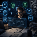 A person studying for their first cybersecurity certification at a desk with a laptop displaying security dashboards and the CompTIA Security+ logo