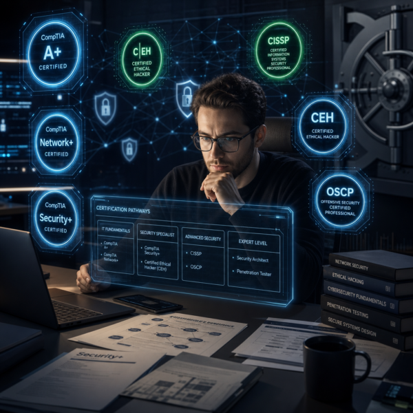 A person studying for their first cybersecurity certification at a desk with a laptop displaying security dashboards and the CompTIA Security+ logo